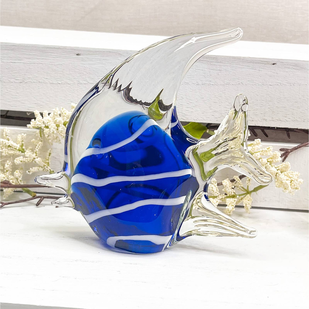 Blue with White Stripes Glass Angel Fish Paperweight Figurine 4" Tall x 3 3/4